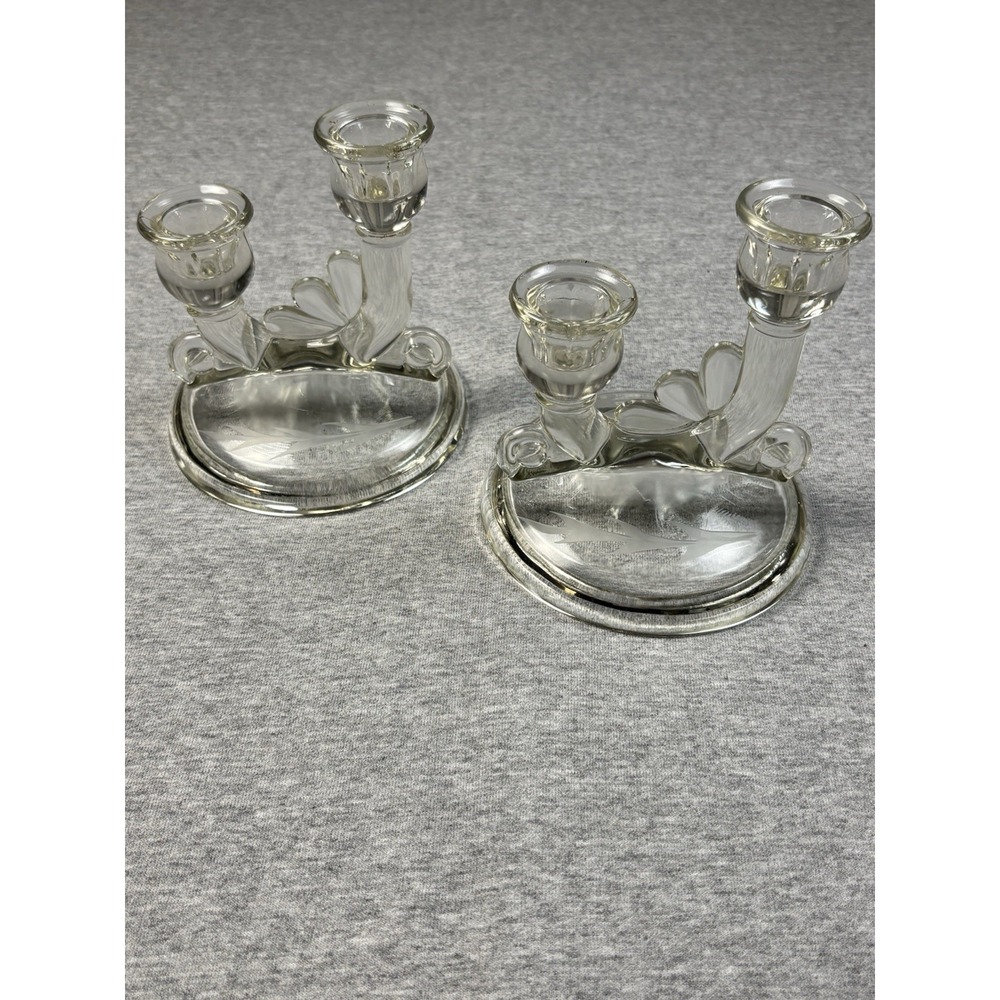2 Glass Candle Holders VTG Jeanette 1950s Pair Clear Double‎ Lite 3375 Tulip Art